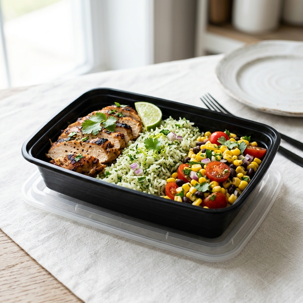 Chicken, coriander lime rice and sweet corn salad