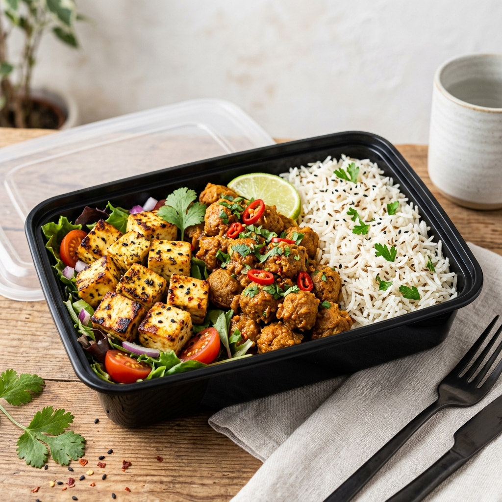Paneer and soya protein bowl with rice
