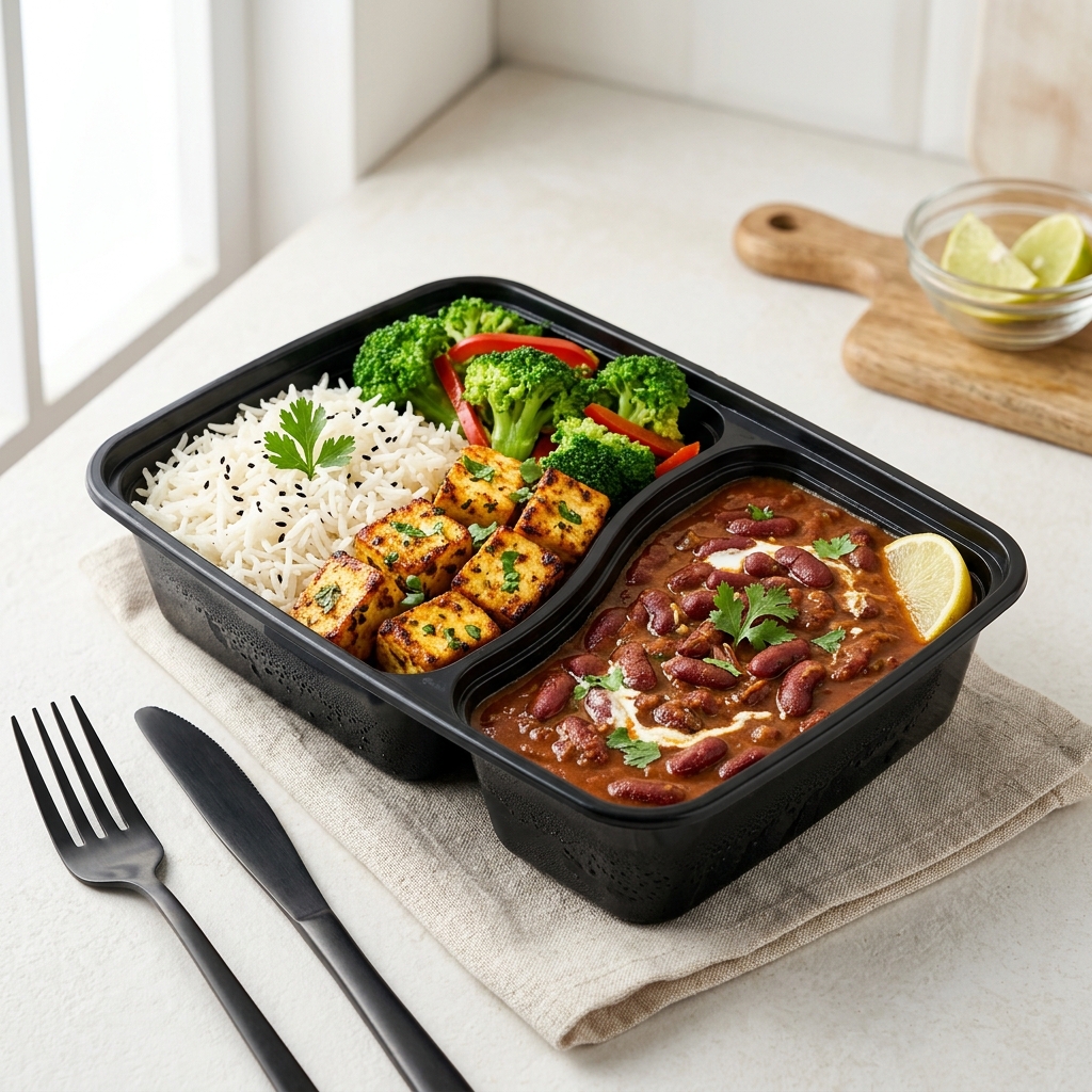 Paneer and rajma with rice and broccoli